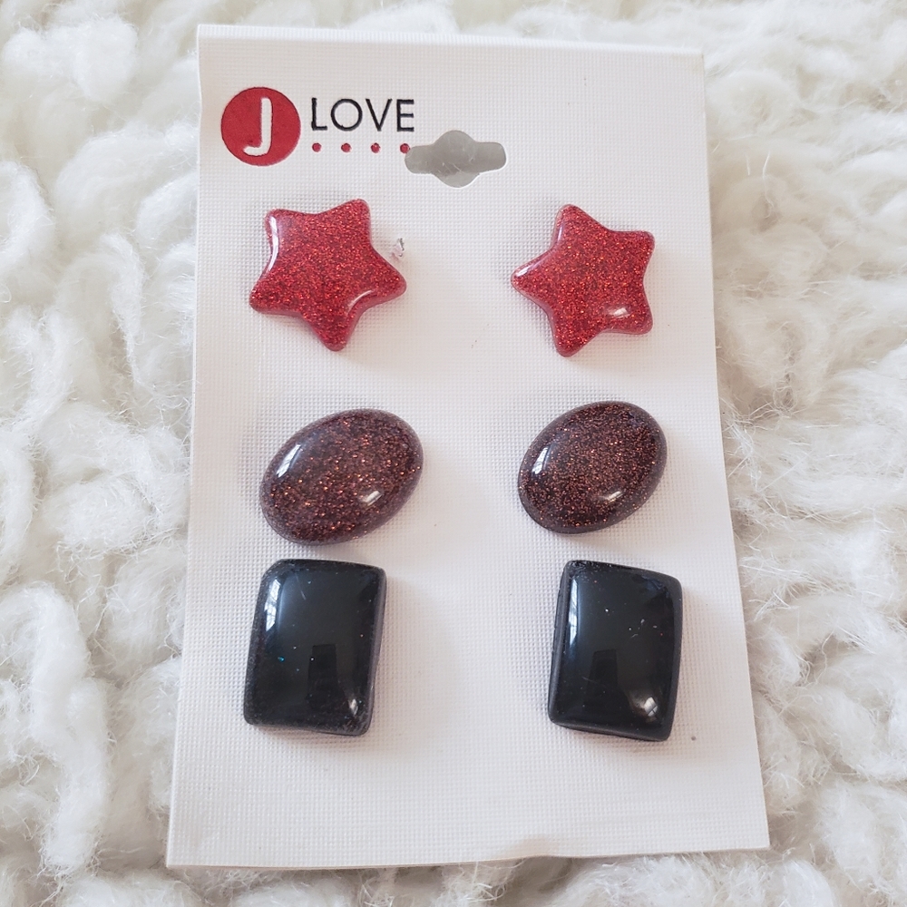 Set of 3 Glittery Geometric Shape Earrings